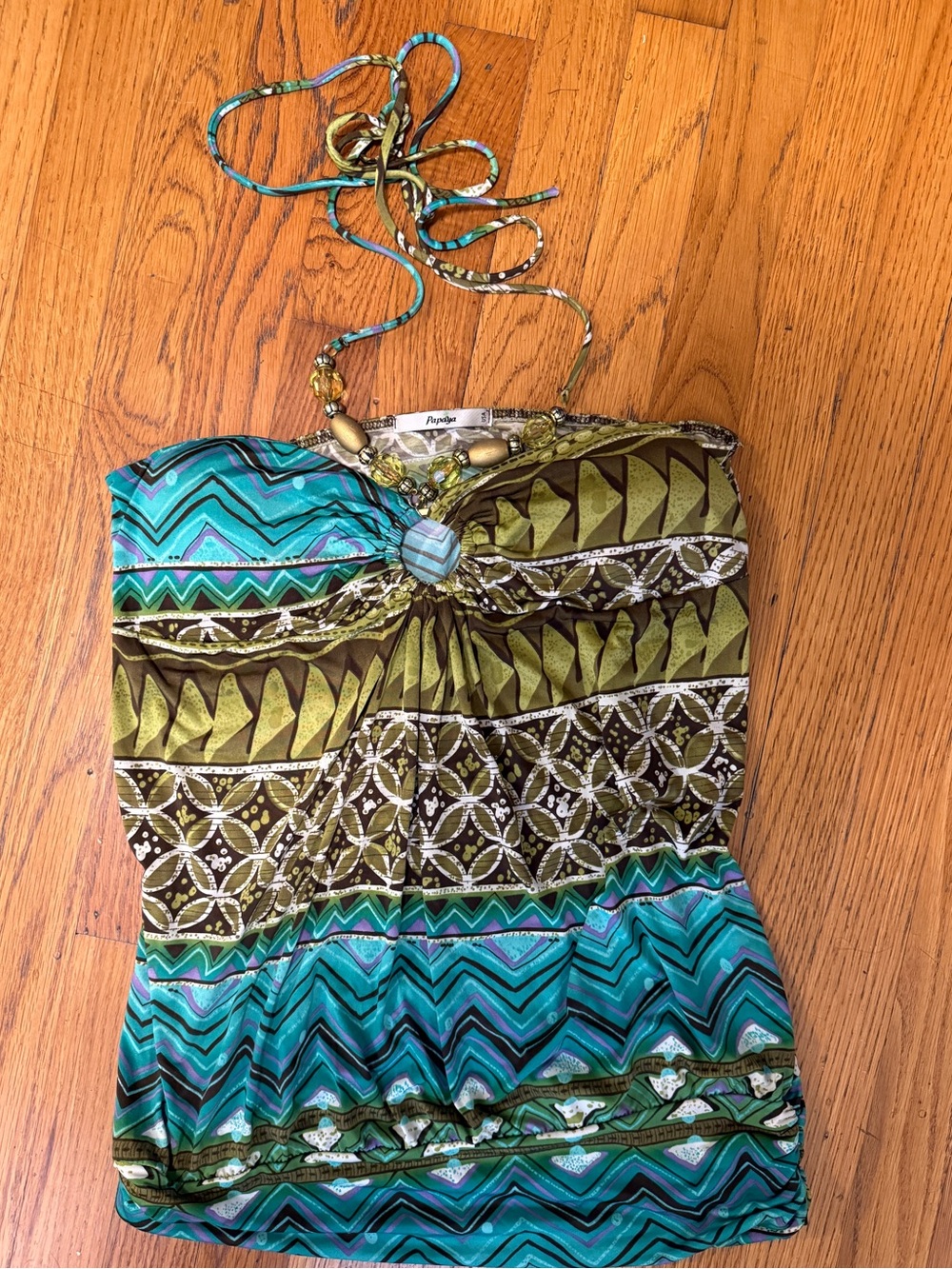 Papaya Teal and Olive Halter Necklace-Detail Tank